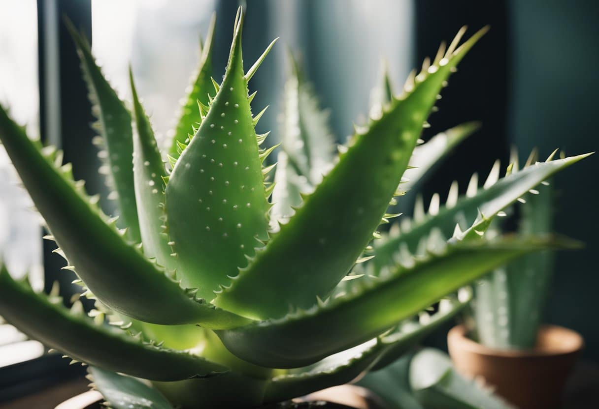 Una planta de aloe vera en el alféizar de la ventana, purificando el aire de una casa acogedora con sus hojas de un verde vibrante y su textura puntiaguda.