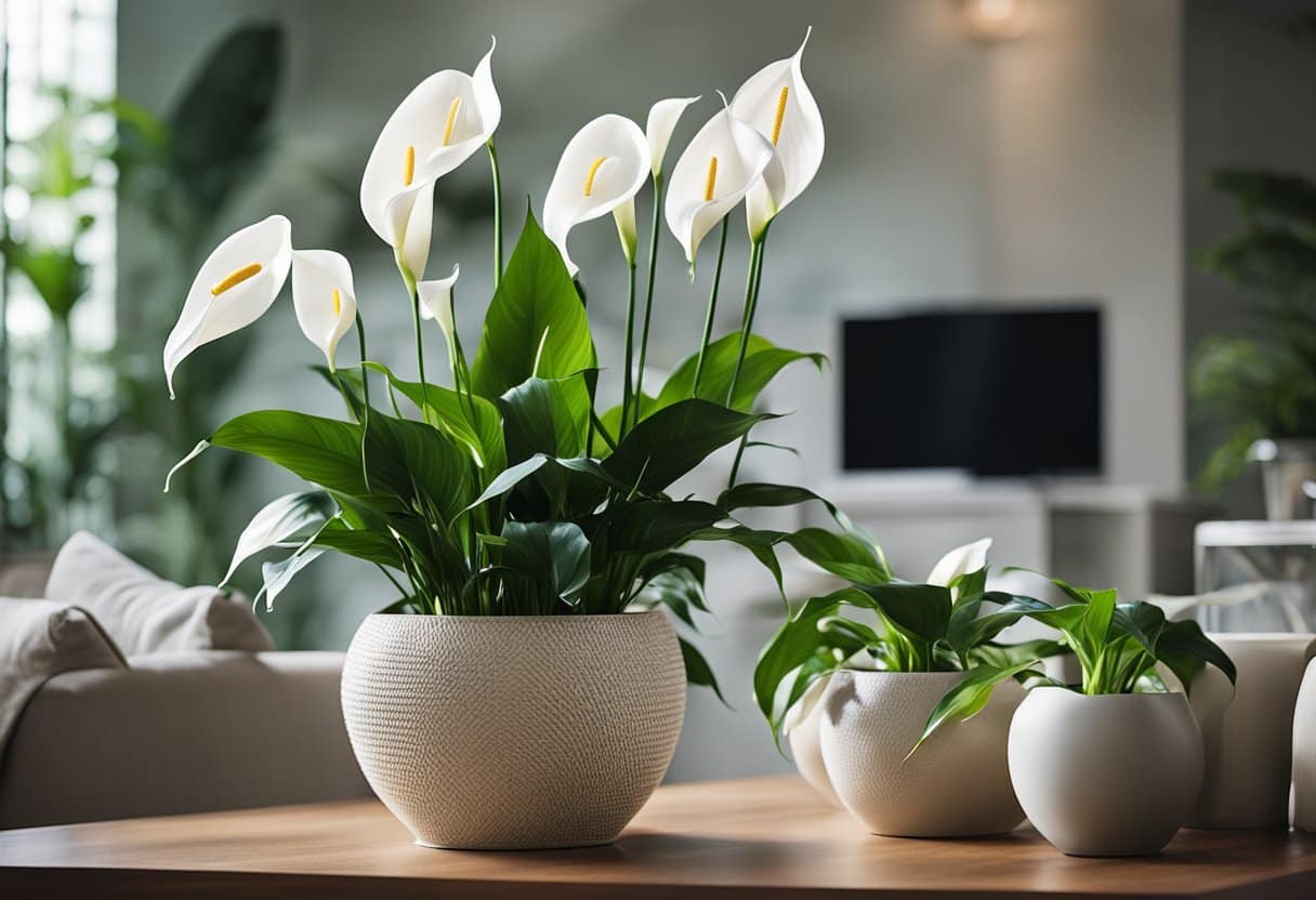 Un salon serein avec une grappe de lys de la paix placés dans des pots décoratifs, entouré d'air pur et frais.