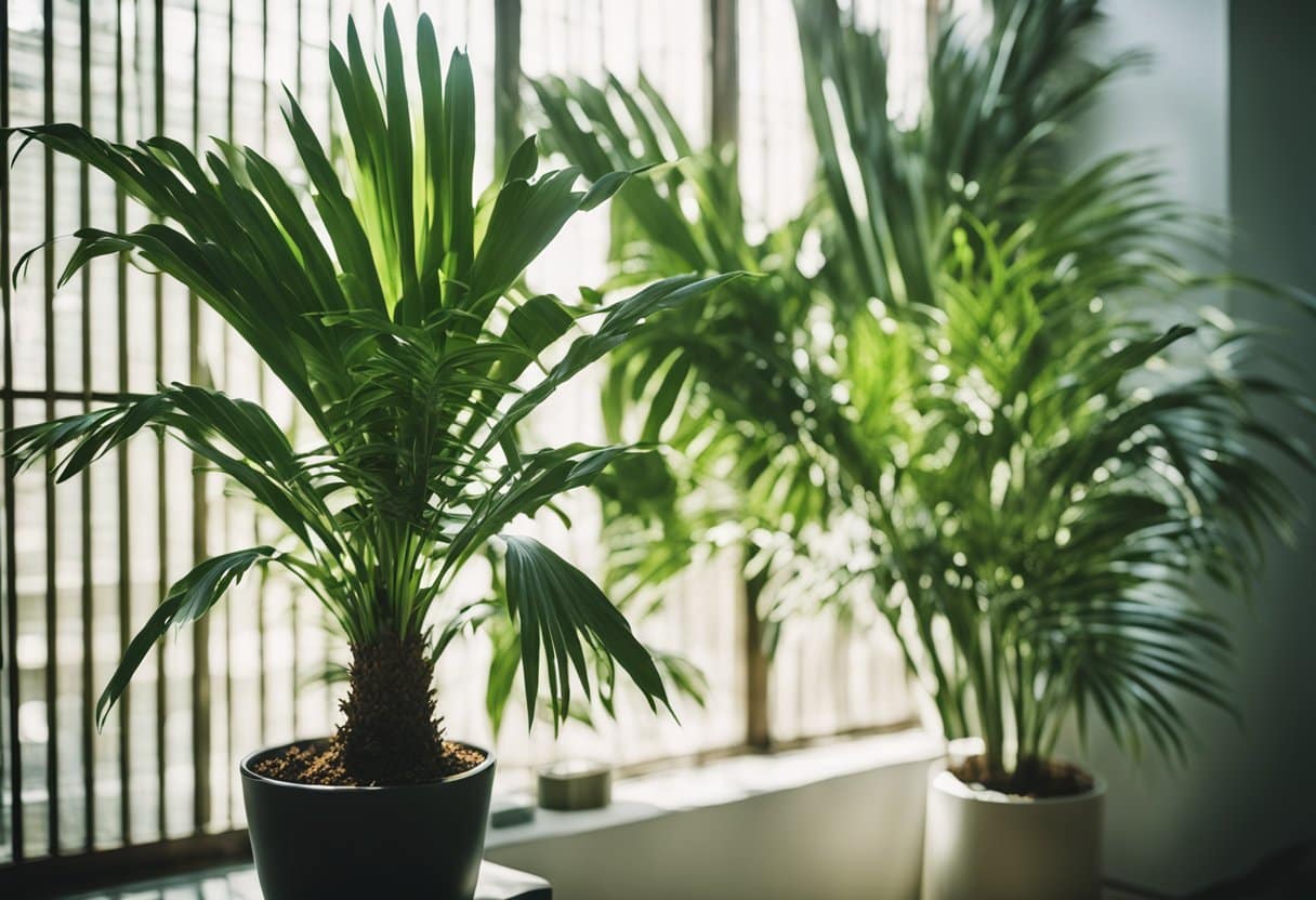 Una exuberante palmera Broad Lady se alza en una habitación iluminada por el sol, purificando el aire con sus frondas de un verde vibrante.