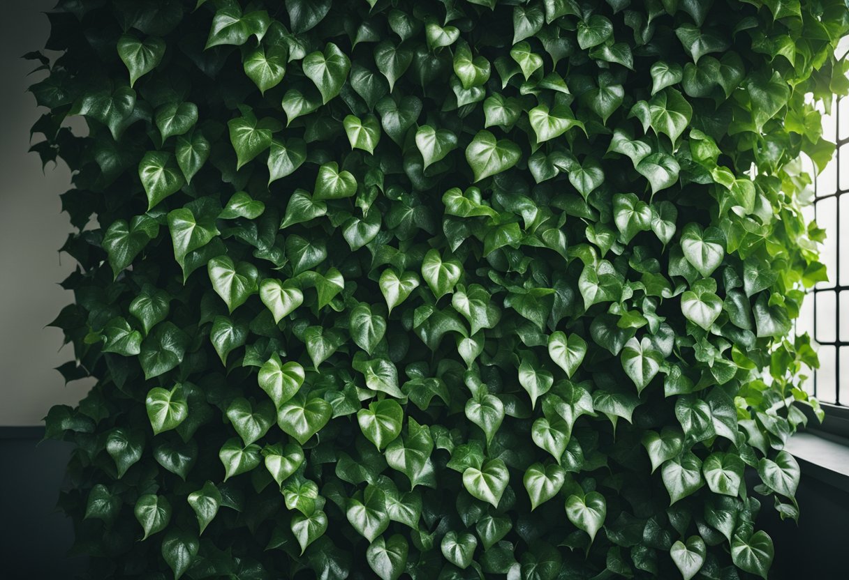 Uma exuberante planta hera inglesa numa sala luminosa e arejada, purificando o ar com as suas folhas verdes vibrantes