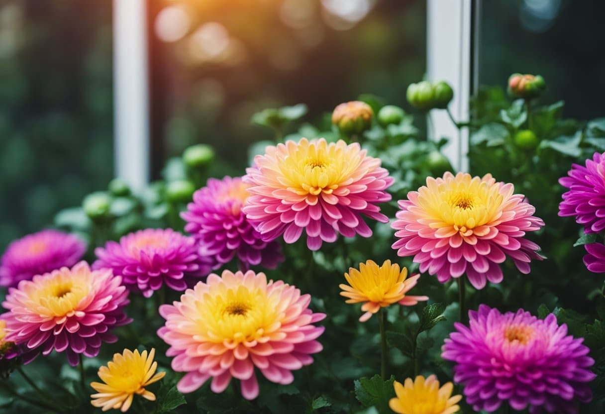 Uma planta de crisântemo vibrante fica no parapeito de uma janela, purificando o ar com as suas folhas verdes exuberantes e flores coloridas