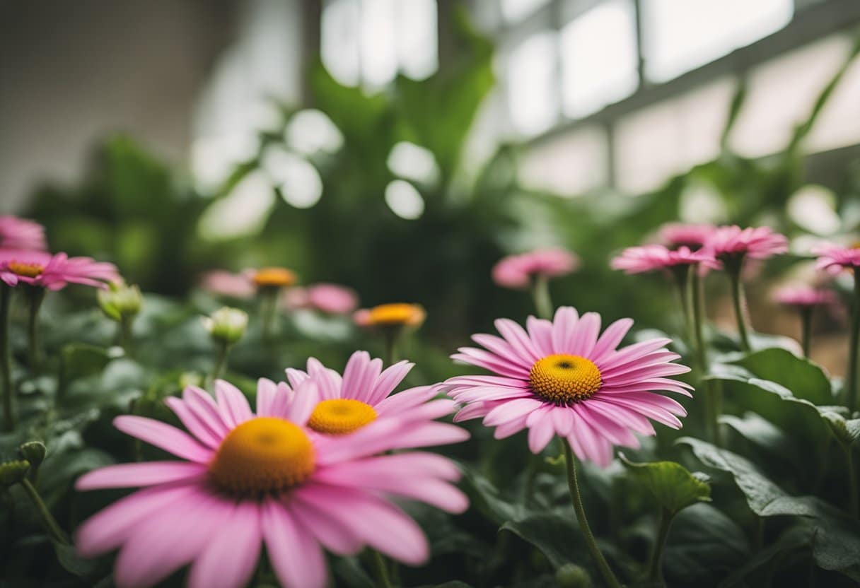 Uma Margarida Barberton fica numa sala luminosa e arejada, rodeada por outras plantas verdes. As suas pétalas cor-de-rosa vibrantes destacam-se contra a folhagem exuberante, criando uma atmosfera calma e convidativa