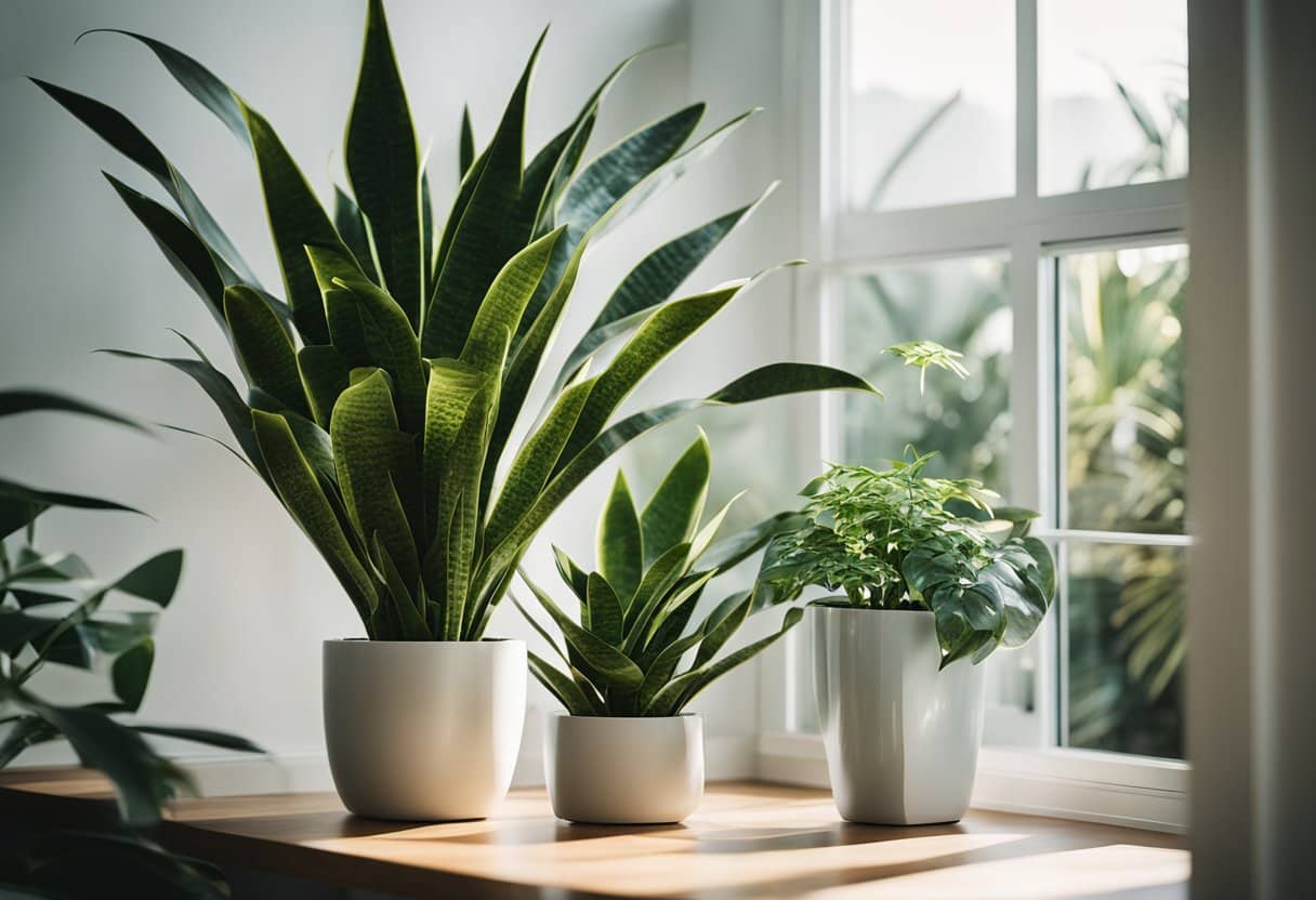 Uma planta cobra ergue-se numa sala de estar moderna, rodeada por uma decoração limpa e minimalista. A luz do sol filtra-se através da janela, lançando um brilho suave sobre as folhas longas e robustas da planta