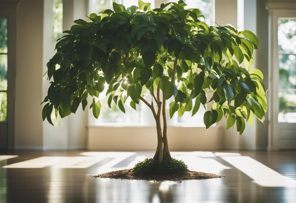 Uma figueira-chorona ergue-se numa sala luminosa e arejada, com as suas folhas verdes exuberantes a filtrar o ar. A luz do sol entra pela janela, projectando sombras no chão