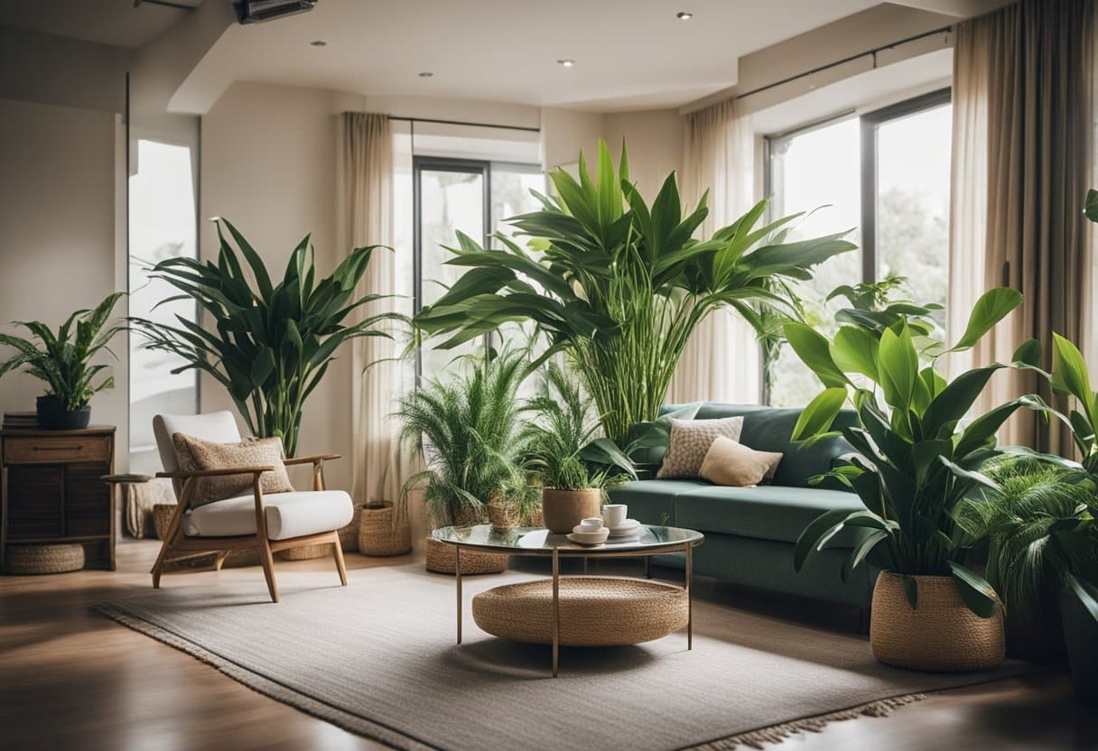 A cozy living room with vibrant dracaena plants placed strategically around the space, purifying the air and adding a touch of greenery to the home