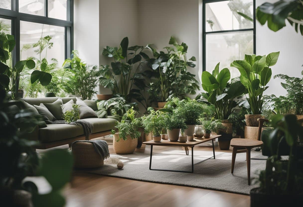 A cozy living room with a variety of lush, green houseplants placed strategically around the space. The plants are thriving and adding a touch of nature to the room