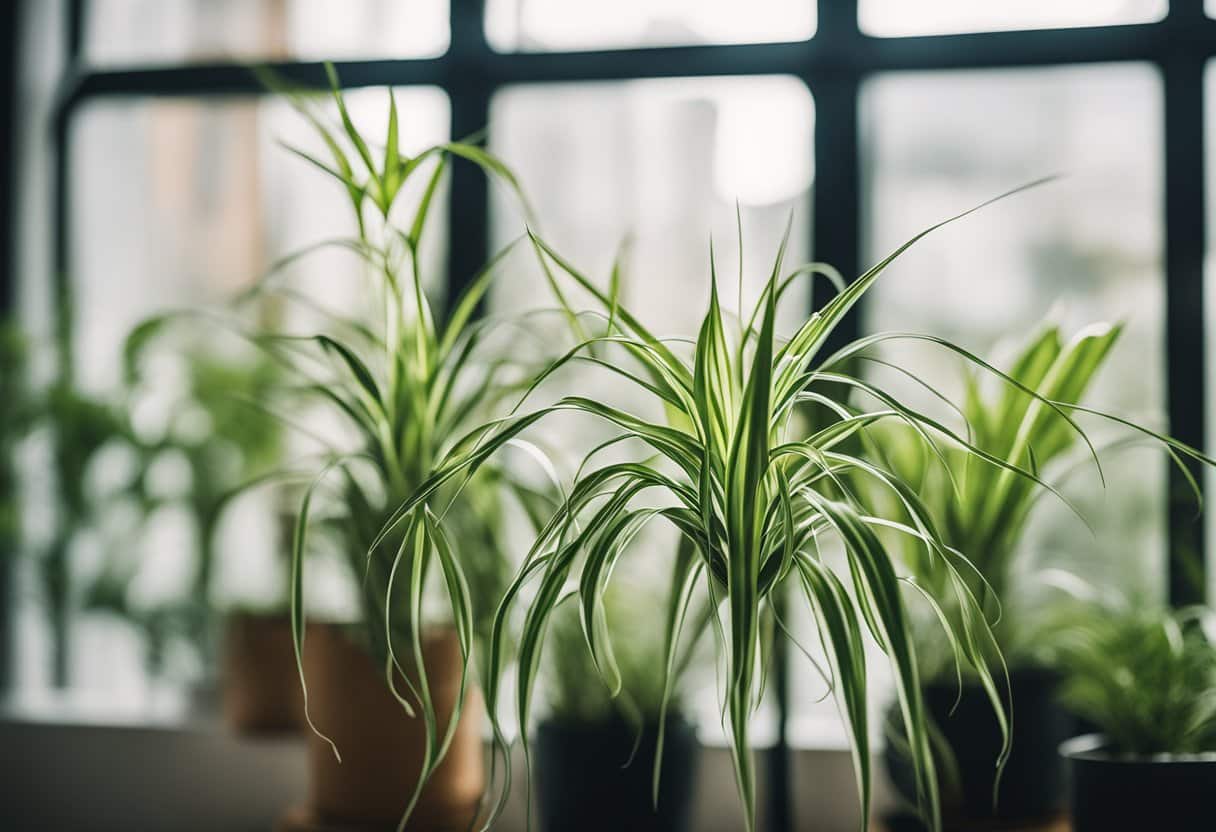 A spider plant hangs in a bright, airy room, its long, slender leaves cascading down from the pot. The plant is surrounded by clean, fresh air, symbolizing its air purifying abilities