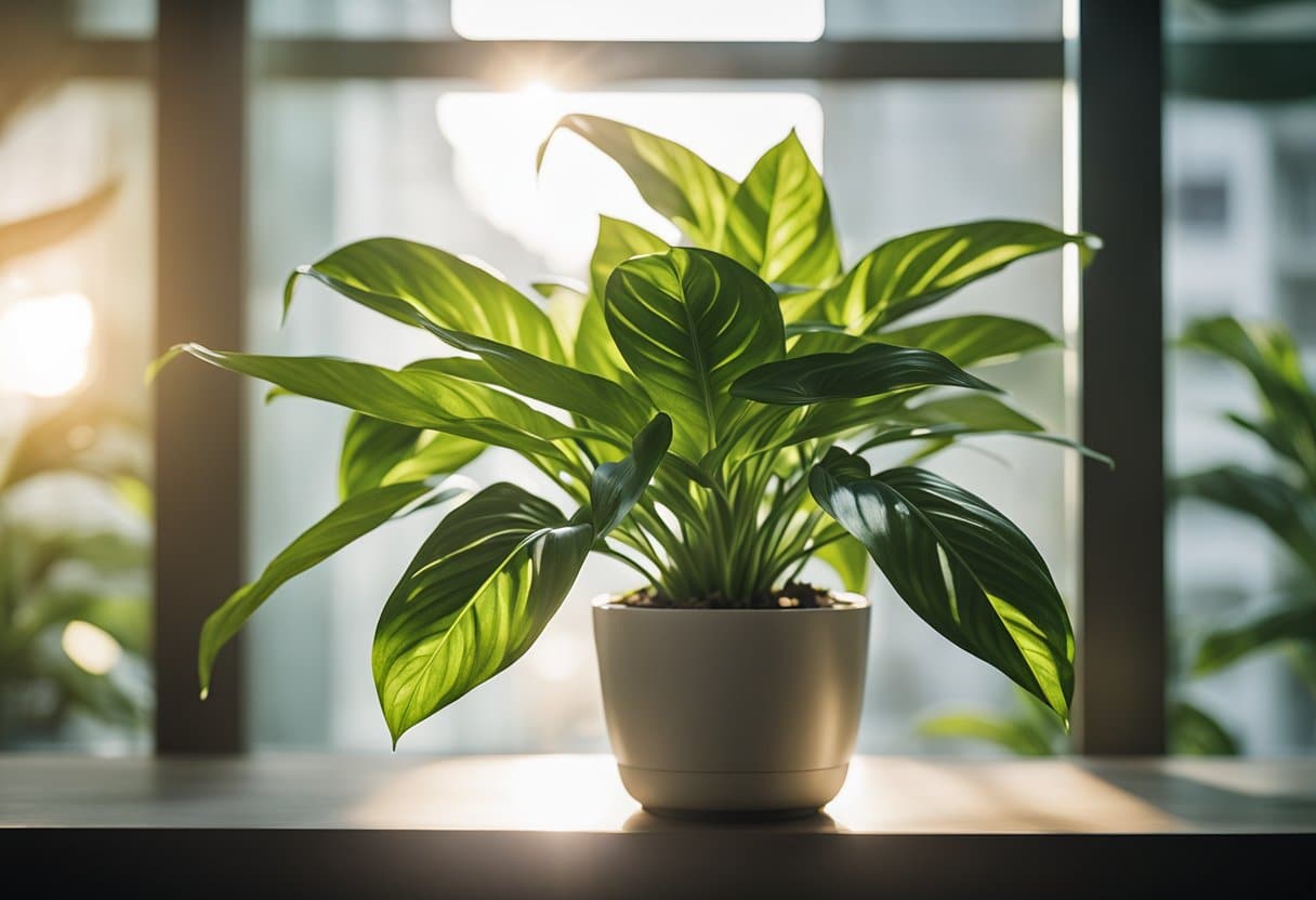 Uma planta Evergreen chinesa fica numa sala de estar moderna, purificando o ar com as suas folhas verdes exuberantes. A luz do sol entra pela janela, lançando um brilho quente sobre a planta