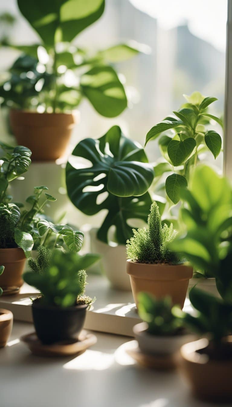 Plusieurs plantes d'intérieur luxuriantes sont disposées sur un rebord de fenêtre, absorbant la lumière du soleil. Une petite figurine représentant un porte-bonheur est nichée dans la verdure.