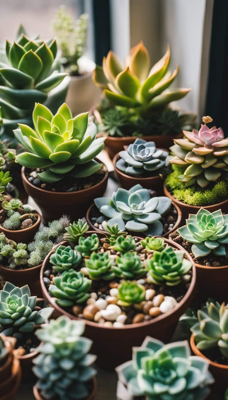 Une collection de plantes d'intérieur succulentes disposées dans une fenêtre ensoleillée, entourées de cristaux décoratifs et de porte-bonheur.