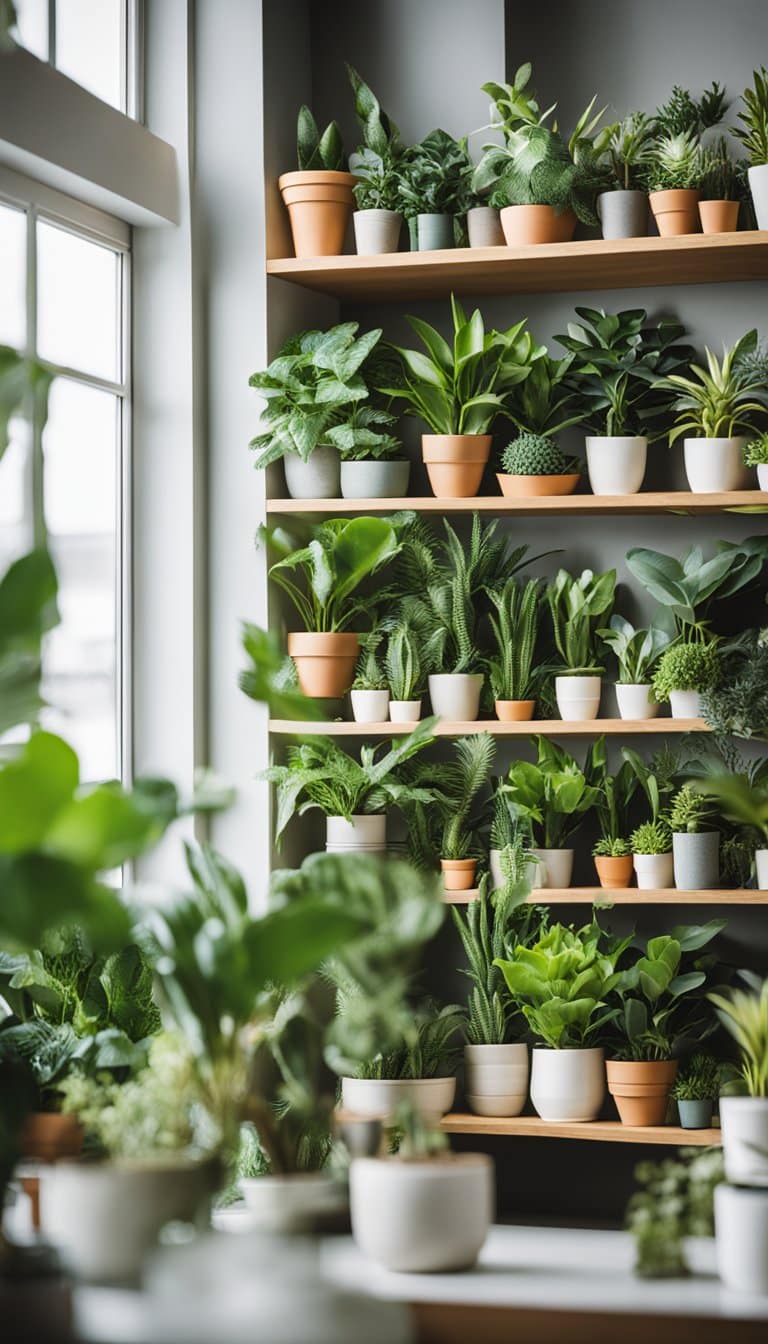 Une collection de diverses plantes d'intérieur disposées sur des étagères, avec un panneau indiquant "Foire aux questions" au-dessus d'elles. Les plantes sont luxuriantes et vibrantes, créant un sentiment de positivité et de chance.