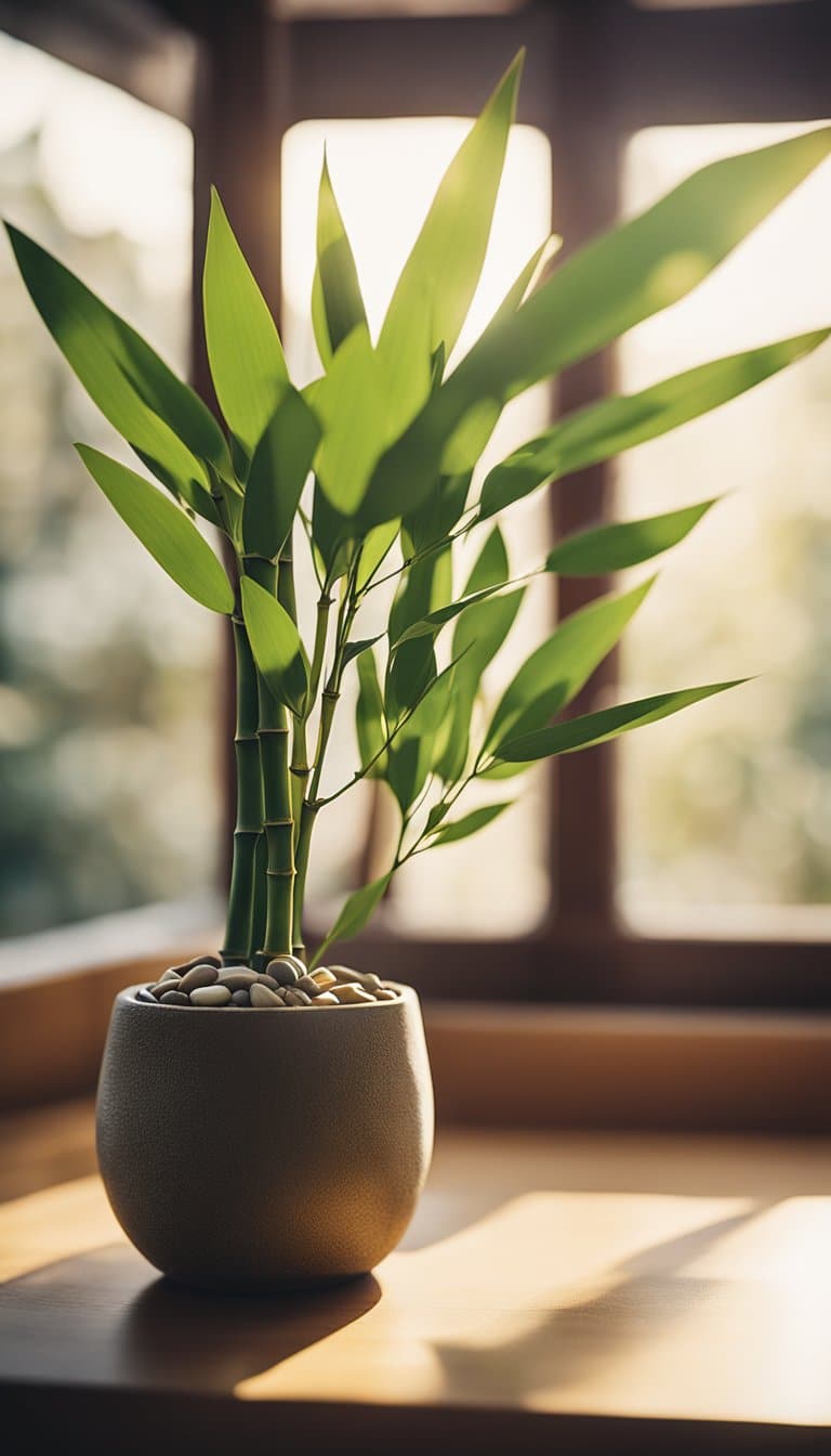 A bamboo plant sits on a windowsill, bathed in sunlight. A small pot with pebbles surrounds the plant, and a red ribbon is tied around the stalks