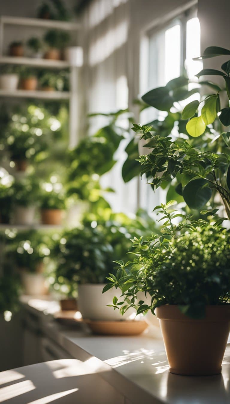 Uma sala de estar acolhedora com uma variedade de plantas de interior exuberantes, incluindo jasmim, dispostas em prateleiras e parapeitos de janelas. A luz do sol entra, criando uma atmosfera quente e convidativa