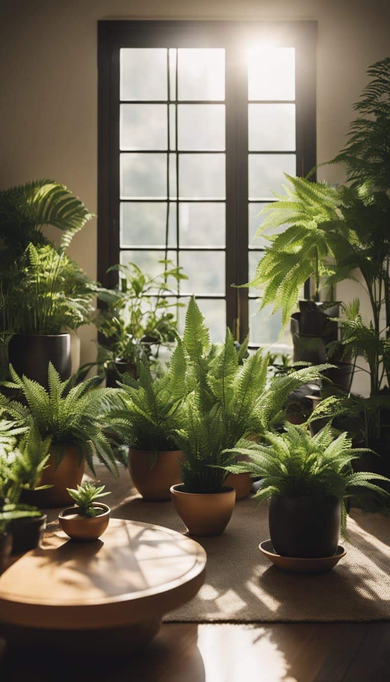 A cozy living room with a large window, filled with various fern houseplants in decorative pots. Sunlight streams in, casting a warm glow on the greenery