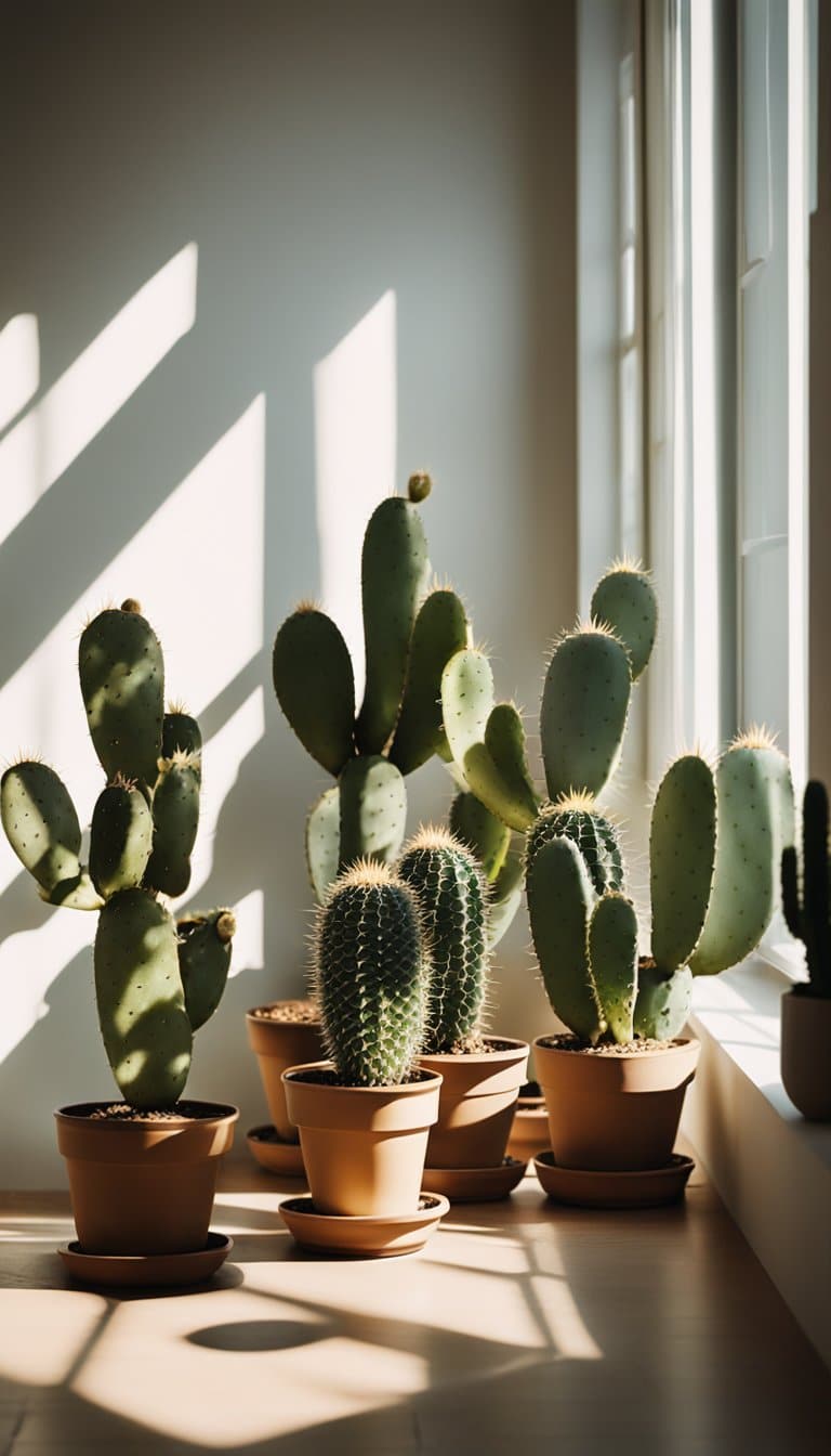 Uma sala luminosa e soalheira com várias plantas Opuntia dispostas no parapeito de uma janela, lançando sombras longas e pontiagudas no chão