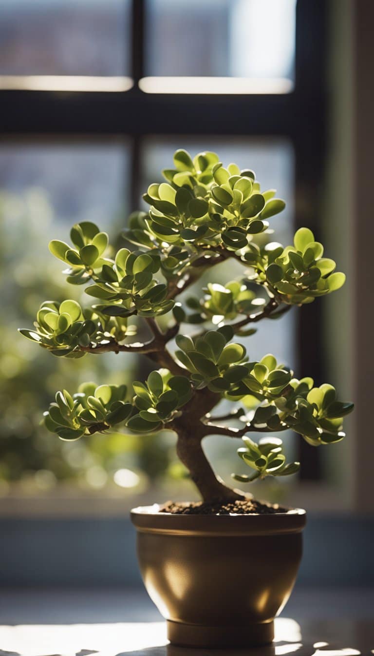 Une plante de jade est posée sur un rebord de fenêtre, baignée par la lumière du soleil. Des pièces de monnaie sont éparpillées autour de la base, symbolisant la chance et la prospérité.