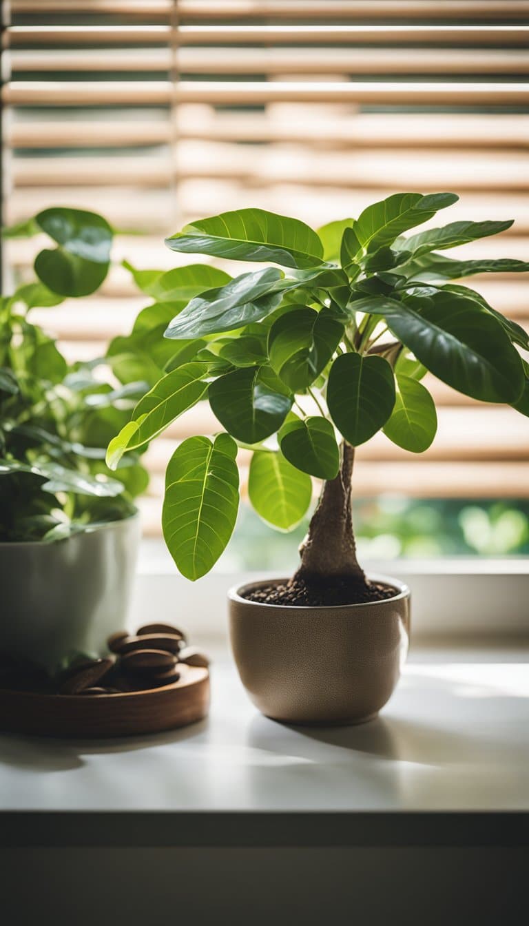 Uma planta de casa Pachira está no parapeito de uma janela solarenga, rodeada por outras plantas exuberantes. Um pequeno vaso de cerâmica segura a planta e algumas moedas estão espalhadas pela base