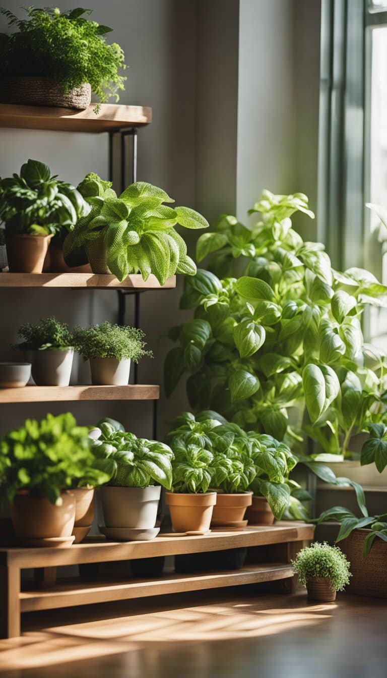 A cozy living room with sunlight streaming in through the window, showcasing a collection of lush basil houseplants arranged on a wooden shelf