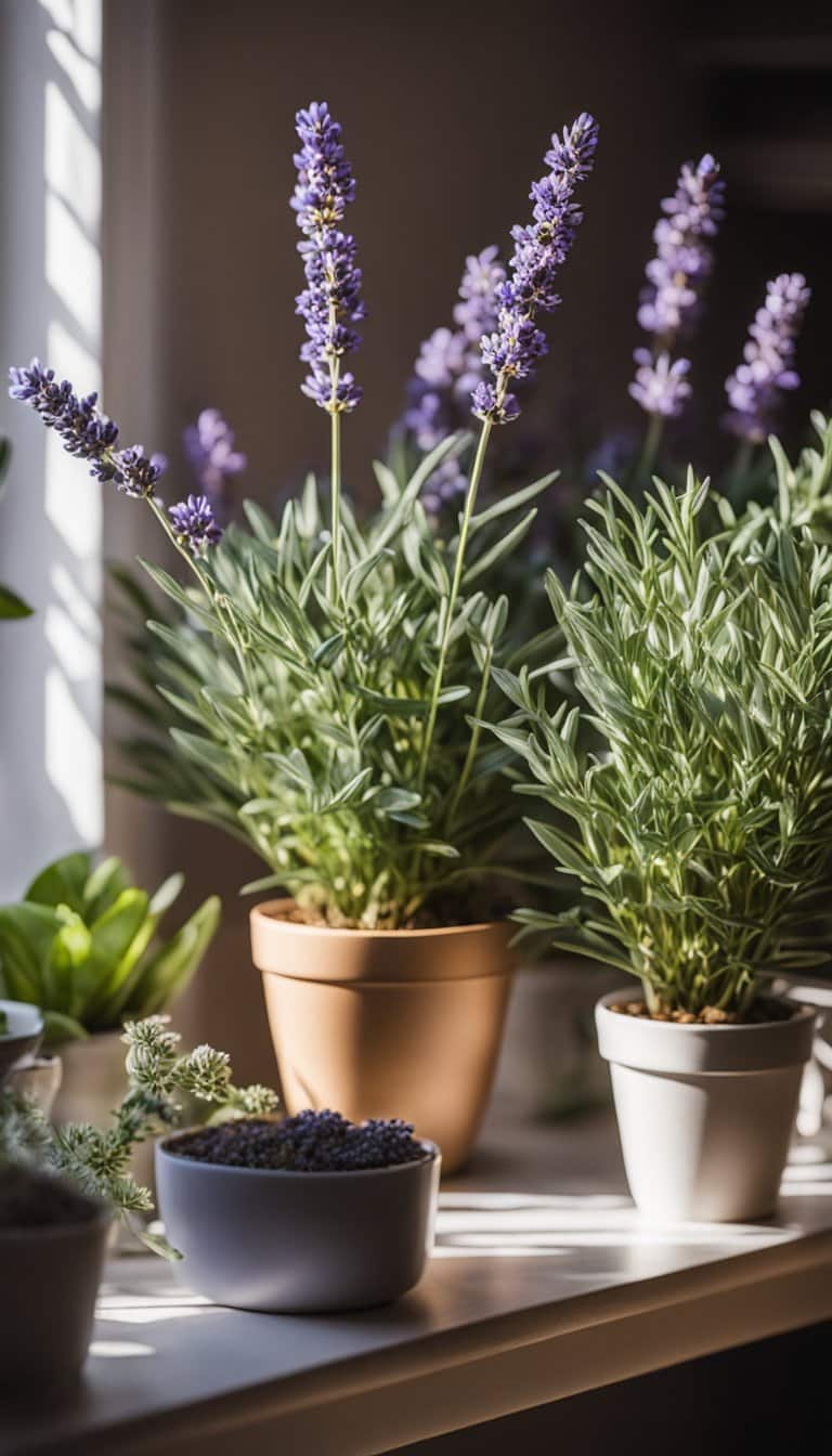 Plantas de interior de lavanda dispuestas en un rincón acogedor e iluminado por el sol de una habitación, rodeadas de otras plantas en macetas y bañadas por una luz cálida y natural.