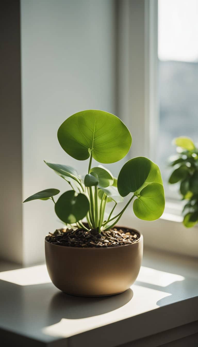 A Chinese money plant sits on a sunny windowsill, surrounded by other green houseplants. Its round, coin-like leaves bring a sense of good luck and prosperity to the room