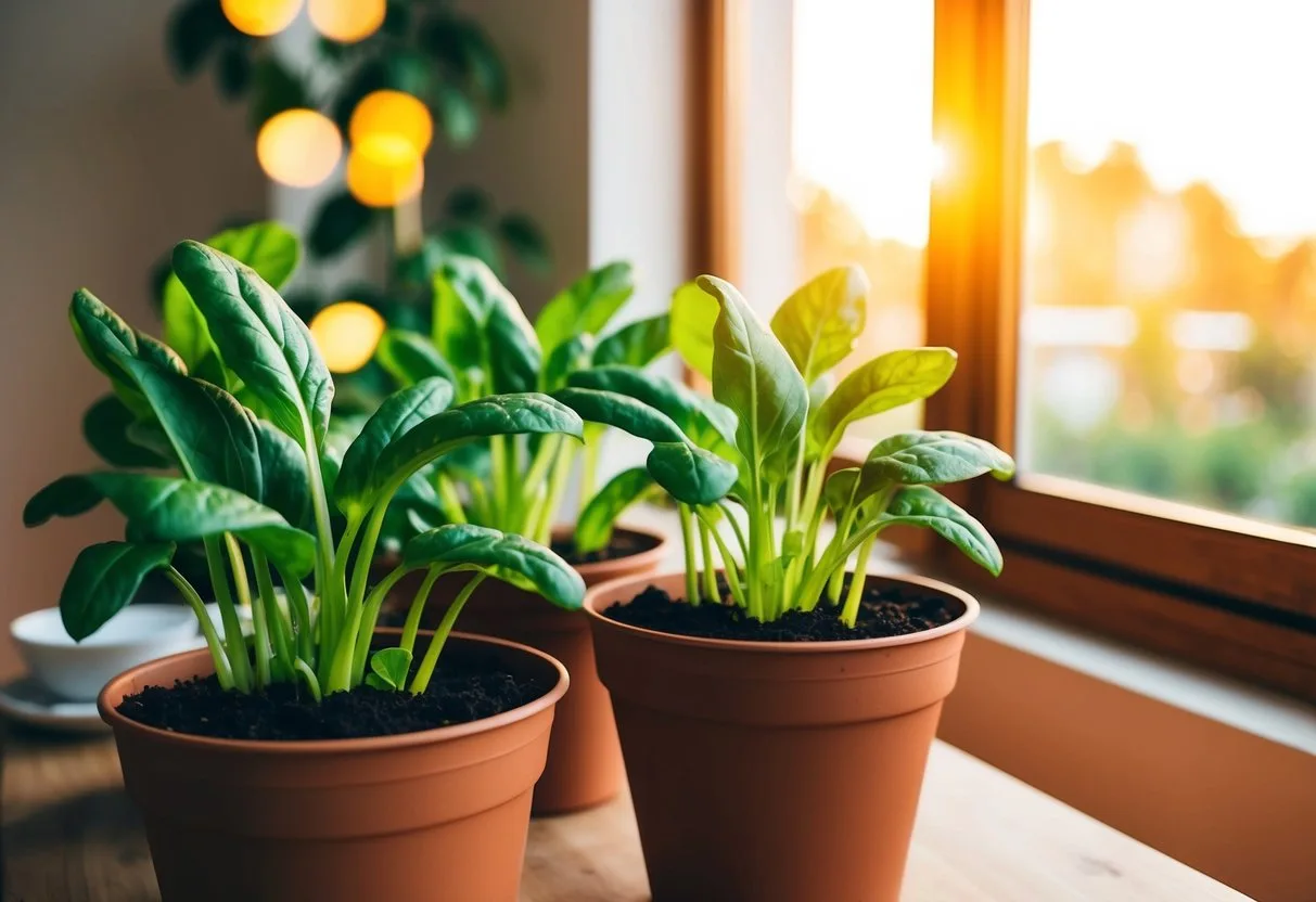Healthy spinach plants growing in pots indoors, bathed in warm sunlight from a nearby window