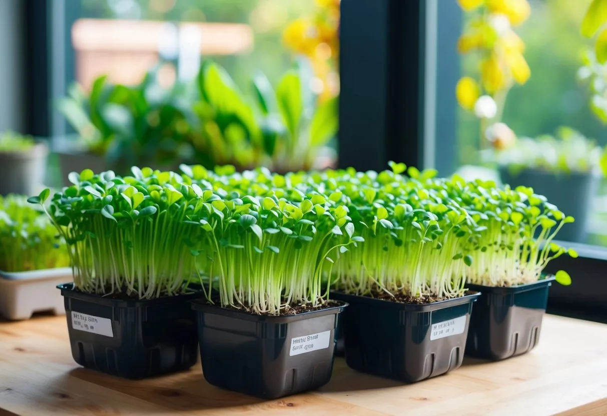 Lush microgreens thriving in small indoor containers