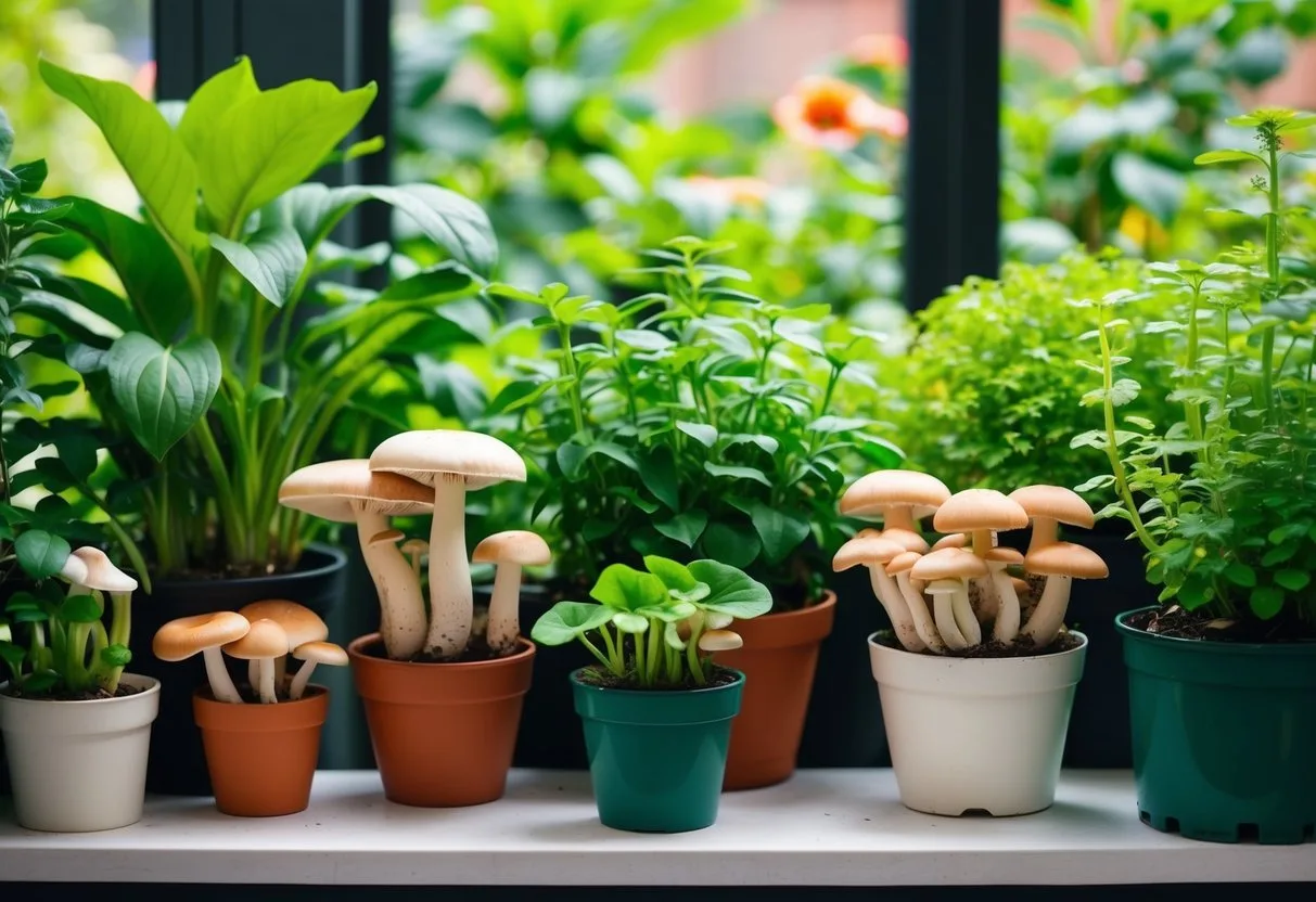 Lush, green indoor garden with various types of mushrooms growing in pots and containers