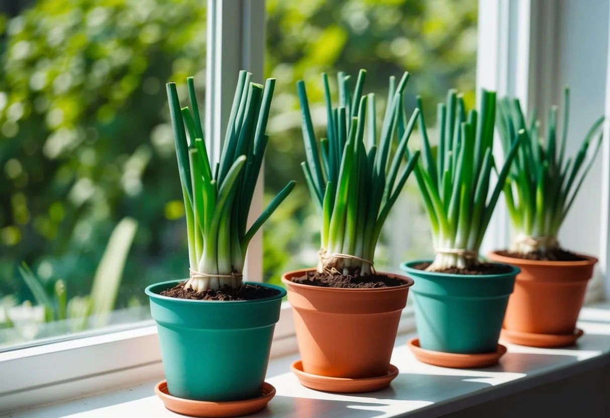 Healthy green onions growing in pots on a sunny windowsill
