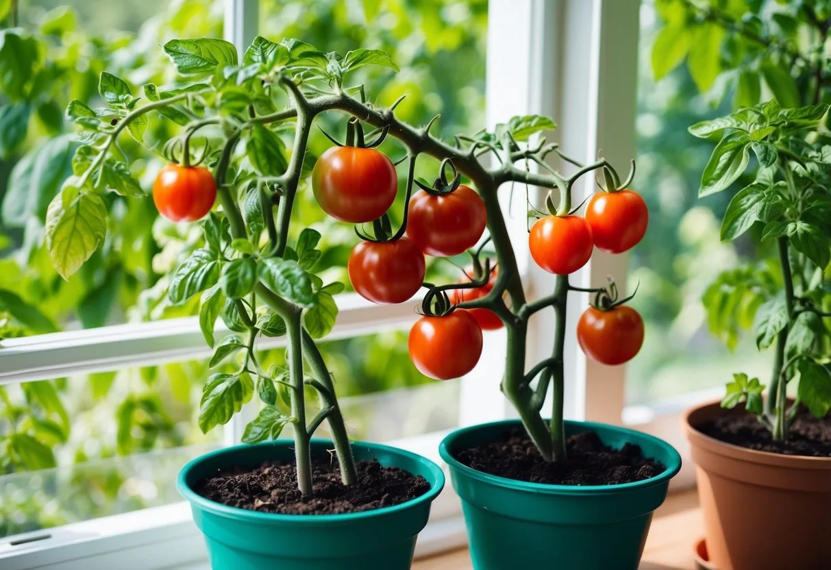 Lush green tomato plants thrive in pots on a sunny windowsill, with ripe red tomatoes hanging from the vines