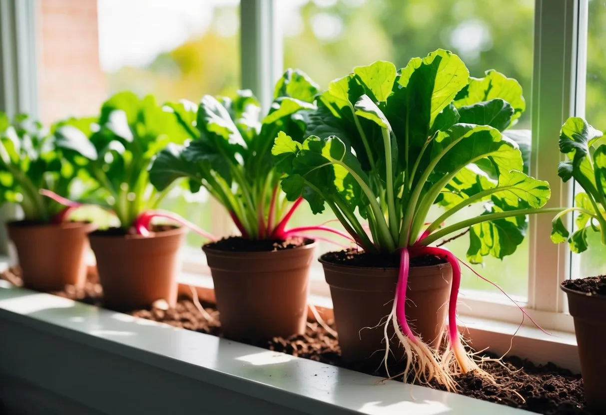 Lush green radish plants thriving in pots on a sunlit windowsill, with vibrant red and white roots peeking out from the rich soil