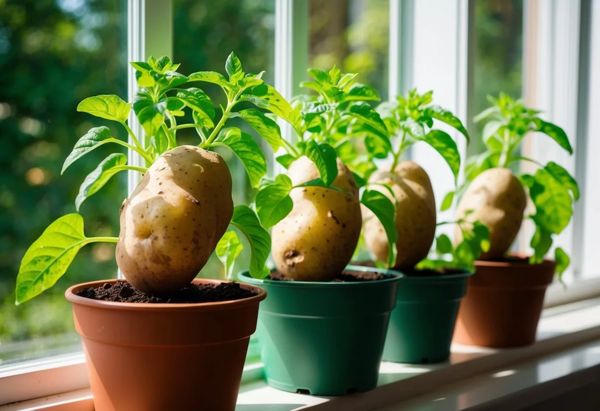 Lush green potato plants thriving in pots on a sunny windowsill
