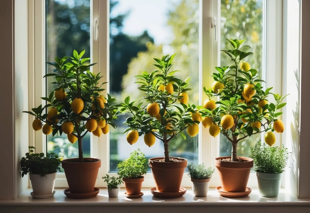 A sunny window sill filled with potted lemon trees, surrounded by small pots of herbs and other greenery