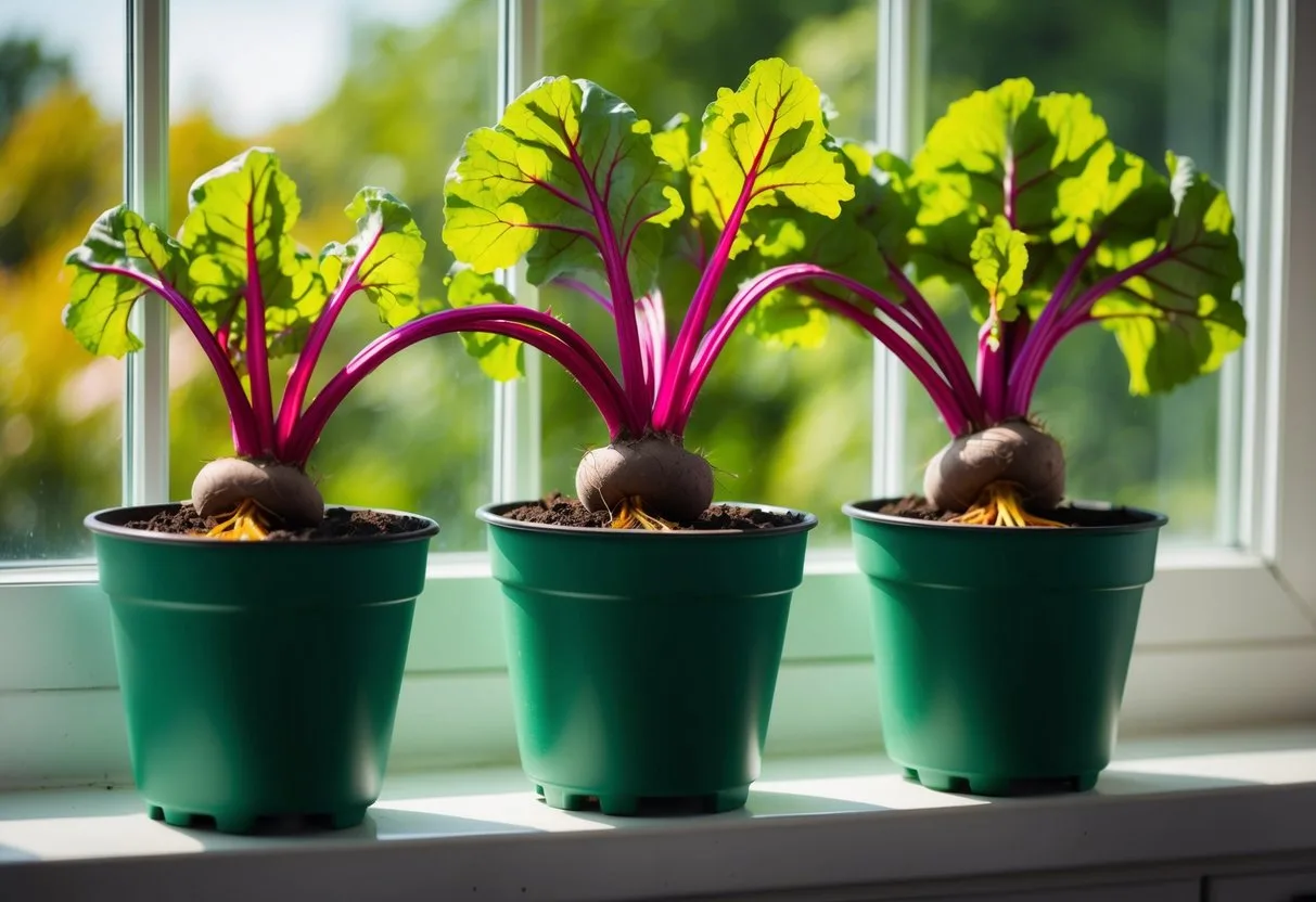 Lush green beets growing in pots on a sunny windowsill, with vibrant red and golden roots peeking out from the soil