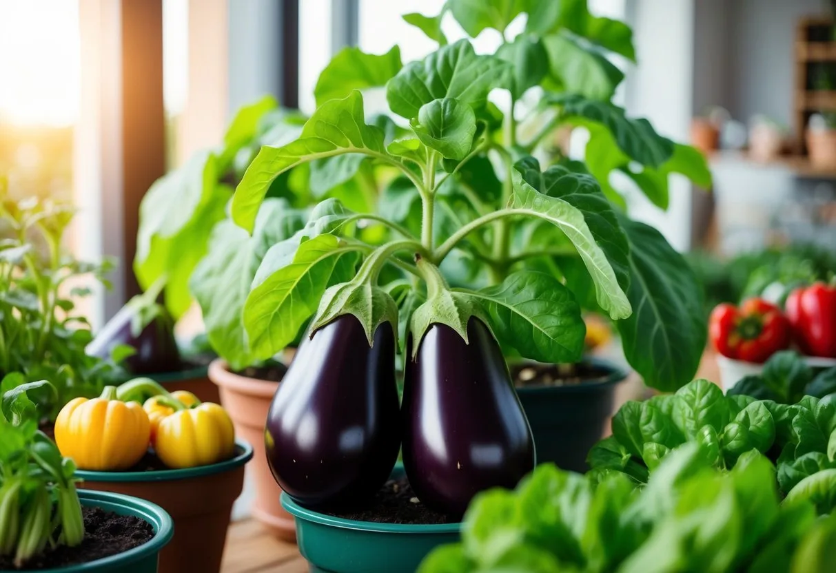 Lush green eggplant plant thriving in a sunlit indoor setting, surrounded by other potted vegetables