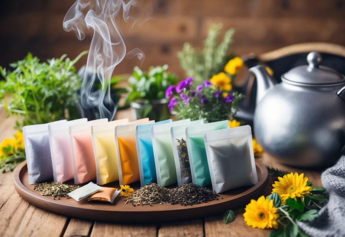 A collection of colorful herbal tea bags arranged on a wooden table, surrounded by fresh herbs and flowers. A steaming teapot and a cozy blanket complete the scene