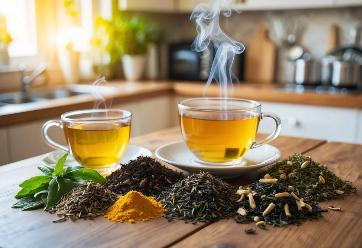 A variety of herbal tea leaves and ingredients arranged on a wooden table with a steaming cup of tea in a cozy, sunlit kitchen