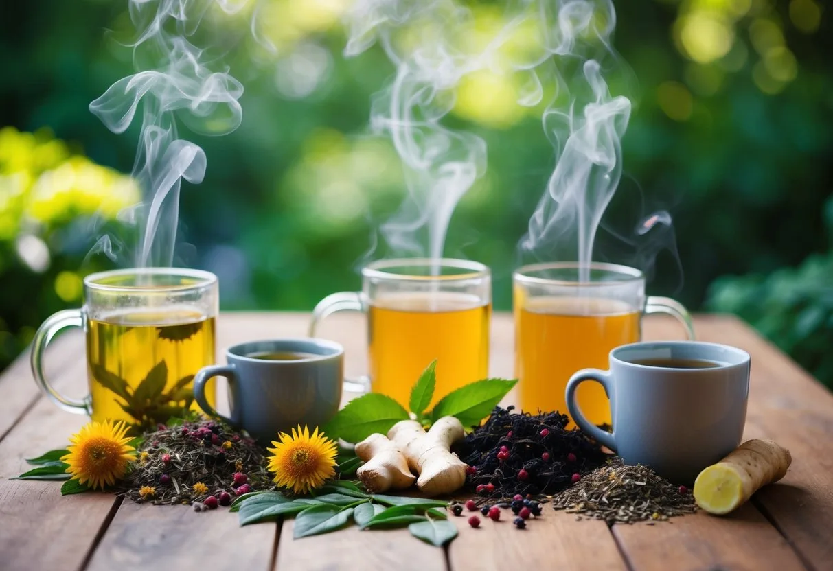 A variety of colorful herbal tea leaves and ingredients, such as echinacea, ginger, and elderberry, arranged on a wooden table with steaming mugs