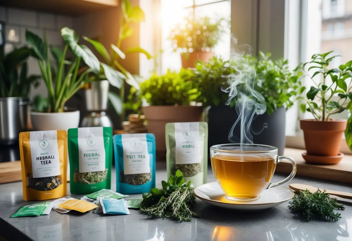 A cozy kitchen counter with a variety of herbal tea bags, fresh herbs, and a steaming cup of tea surrounded by plants and natural light