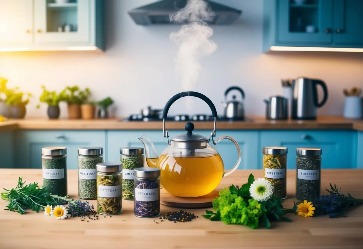A serene kitchen with a steaming teapot, an array of herbal tea canisters, and a delicate tea infuser surrounded by fresh herbs and flowers