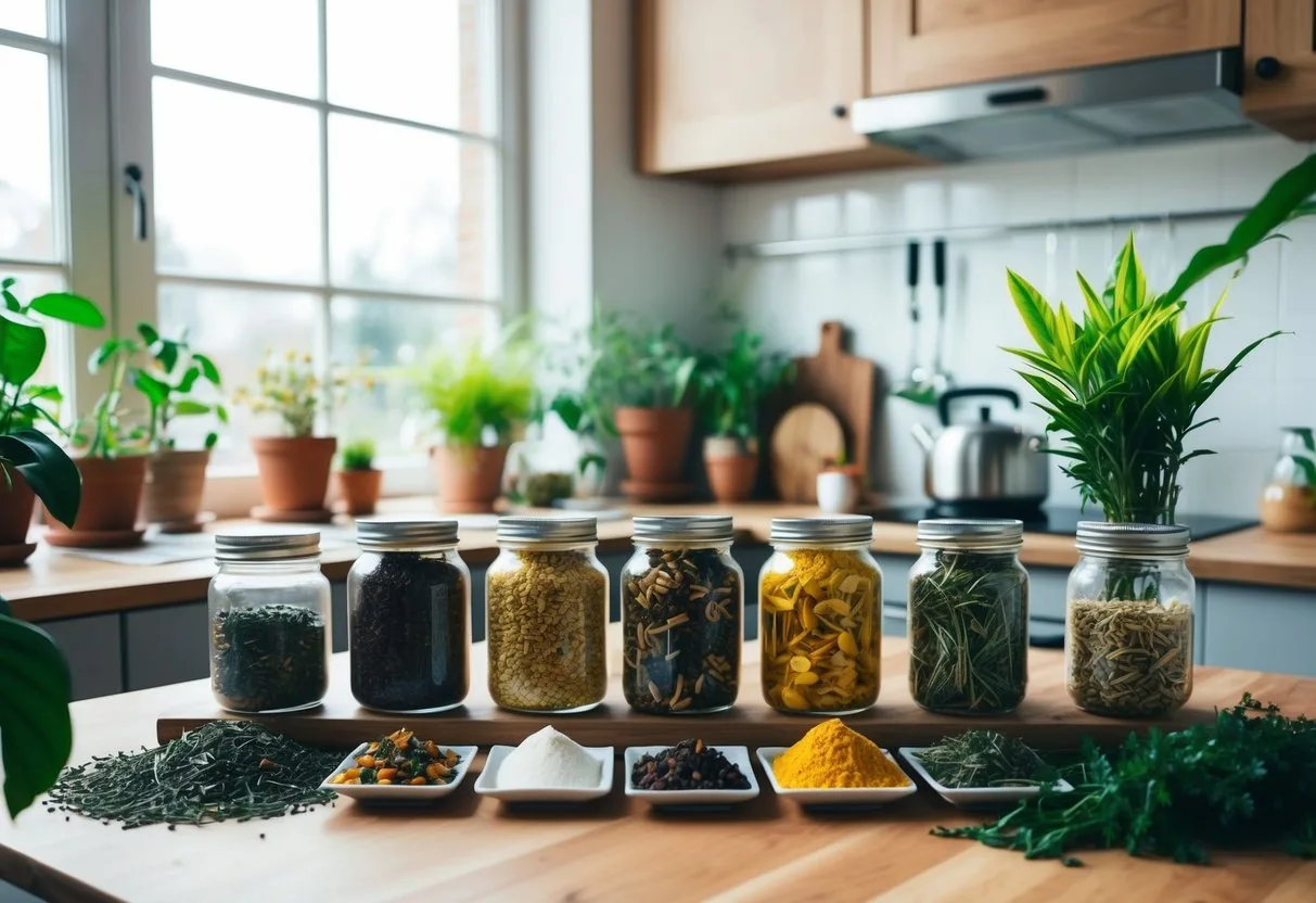 A cozy kitchen with a variety of colorful herbal tea ingredients displayed on a wooden table, surrounded by plants and natural light streaming in through the window