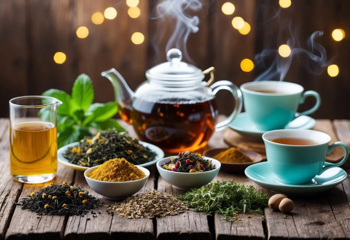A variety of herbal tea ingredients arranged on a rustic wooden table with a steaming teapot and teacups