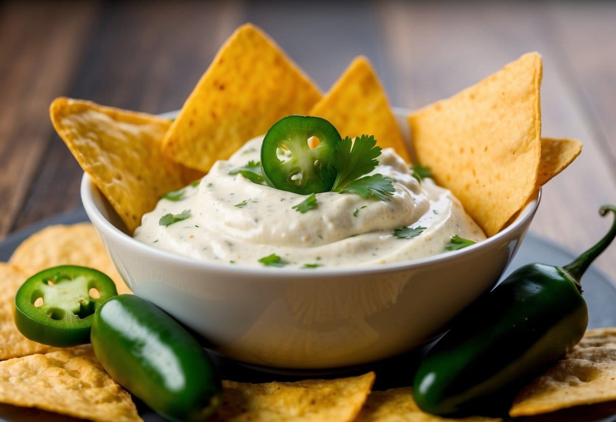 Jalapeno Cream Cheese Dip 4 A bowl of jalapeno cream cheese dip surrounded by tortilla chips and garnished with slices of fresh jalapeno and cilantro