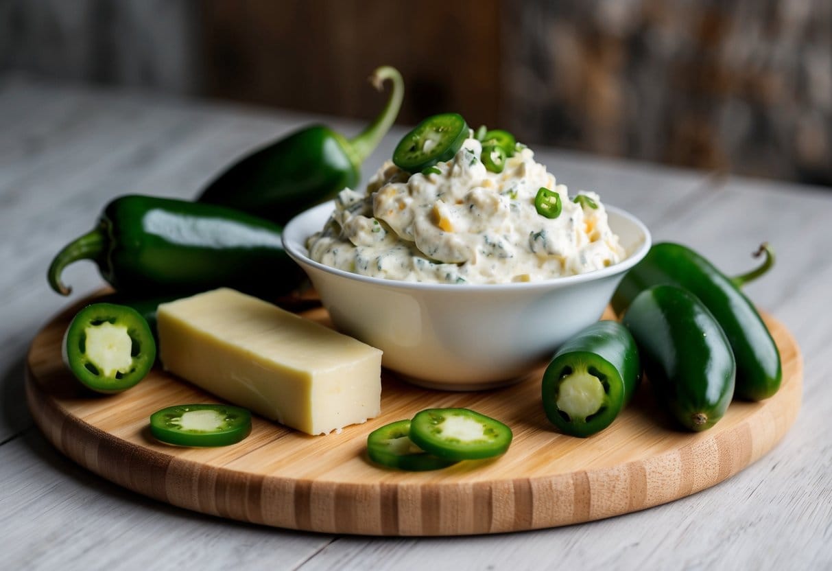 Jalapeno Cream Cheese Dip 3 A bowl of creamy jalapeno dip surrounded by fresh jalapenos, a block of cream cheese, and other ingredients on a wooden cutting board