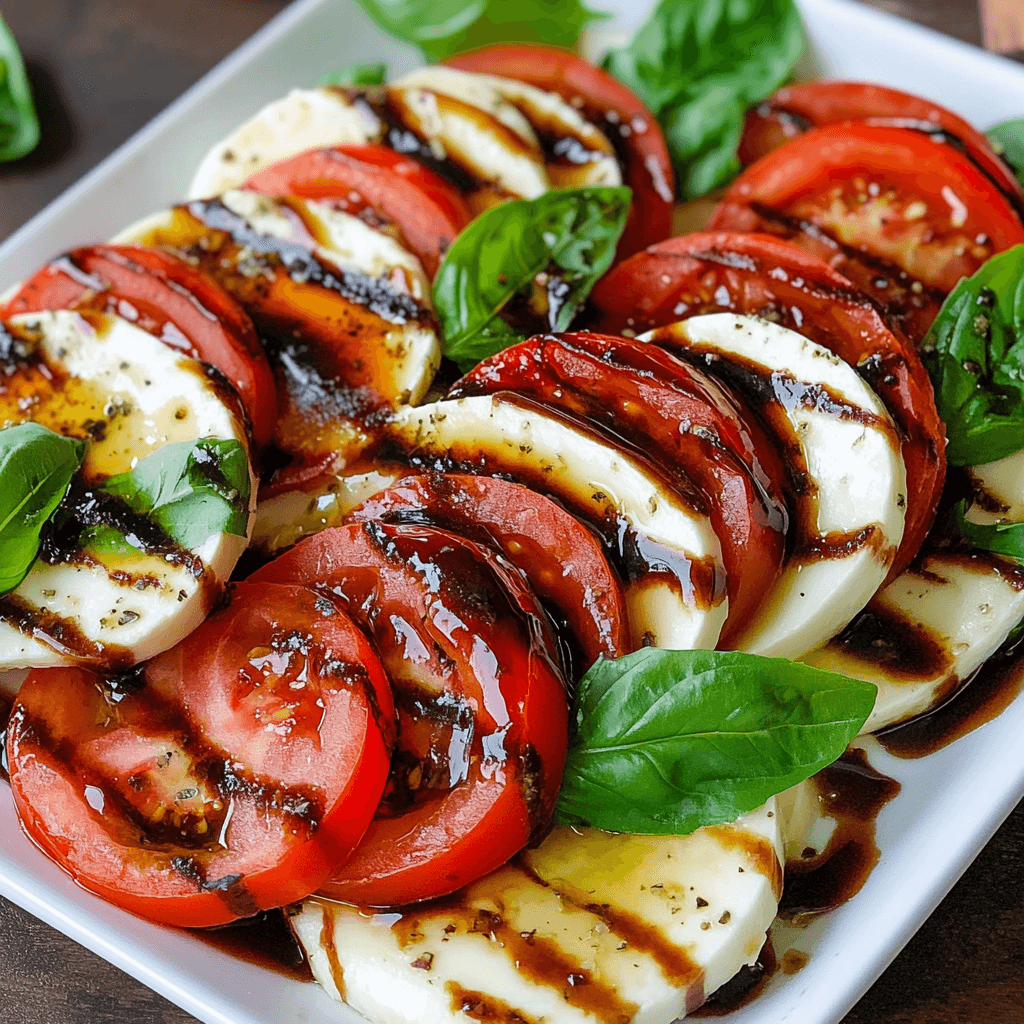 Nahaufnahme von Tomate-Mozzarella-Scheiben mit Basilikum und Balsamico-Reduktion