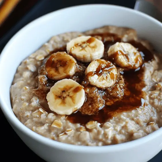 Haferflocken mit karamellisierter Banane – Das perfekte Frühstück für Genuss und Gesundheit 6 Vegane Haferflocken mit Bananen und Ahornsirup in weißer Schüssel