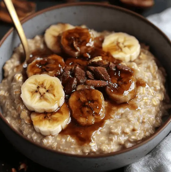 Haferflocken mit karamellisierter Banane – Das perfekte Frühstück für Genuss und Gesundheit 7 Haferflocken mit karamellisierter Banane und Schokostückchen in grauer Schale