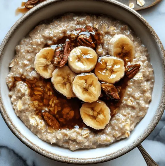 Haferflocken mit karamellisierter Banane – Das perfekte Frühstück für Genuss und Gesundheit 8 Porridge mit Bananenscheiben, Pekannüssen und Sirup aus der Vogelperspektive