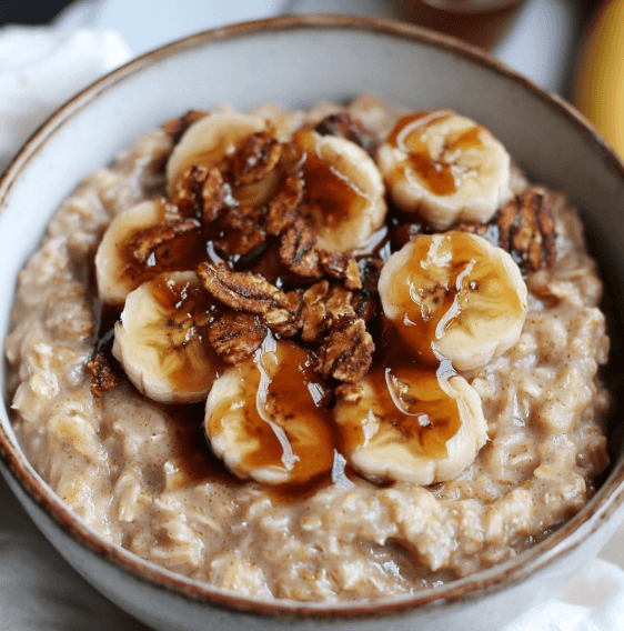 Haferflocken mit karamellisierter Banane und Pekannüssen in einer Schale serviert