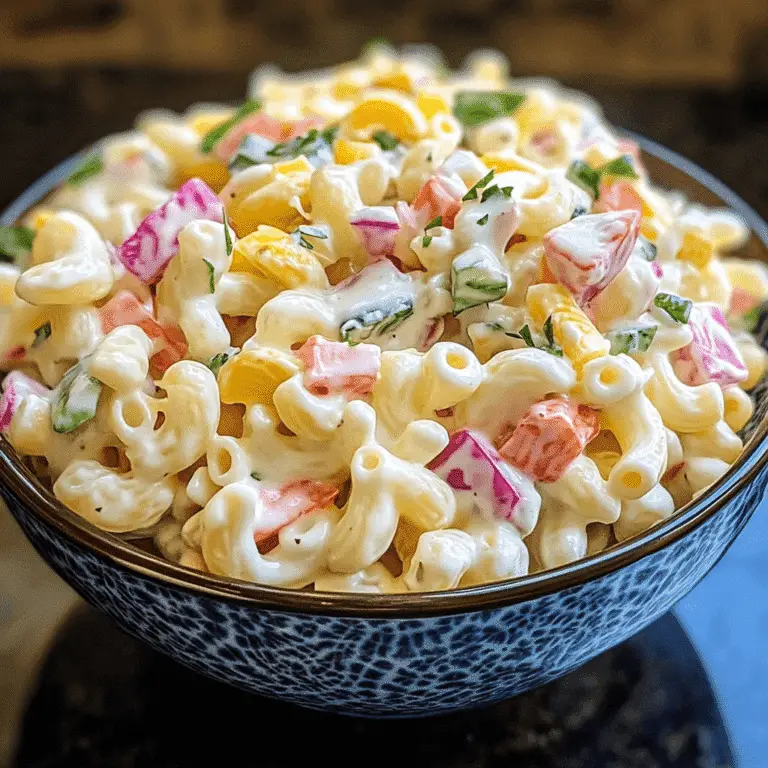 Makkaroni Salat Das perfekte Event Salatgericht 9 Bunte Makkaroni mit gelber Paprika, roter Zwiebel und Petersilie in cremigem Dressing, serviert in einer blauen Schale