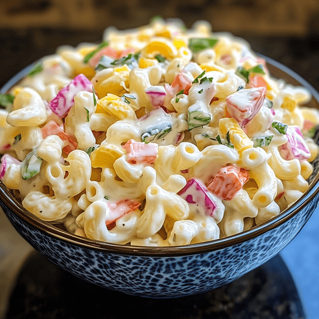 Bunte Makkaroni mit gelber Paprika, roter Zwiebel und Petersilie in cremigem Dressing, serviert in einer blauen Schale